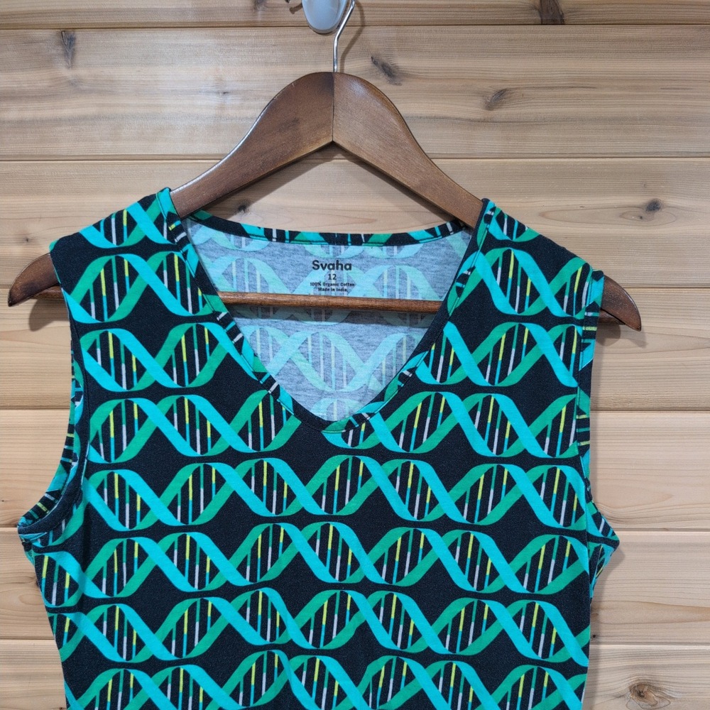 Svaha DNA Double Helix Science Dress Womens 12 Green Teal Organic Cotton Pockets - Picture 2 of 9